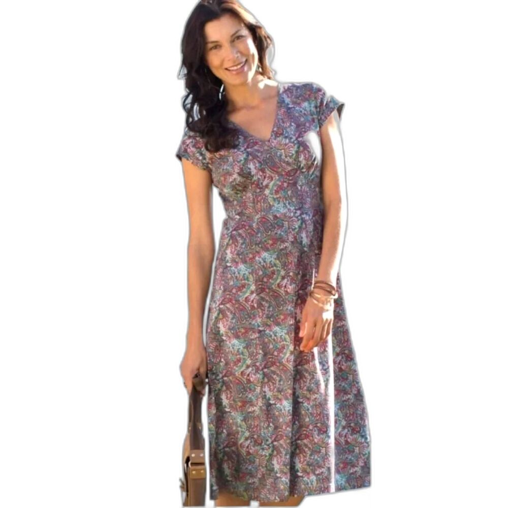 Sahalie Paisley Bella Colla Blue Red Dress Cotton Modal Stretch VNeck Size M 45"